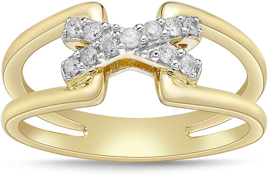 14K Yellow Gold Plated .925 Sterling Silver & 1/6 Cttw Diamond X Shaped Ribbon Split Shank Buckle Statement Ring (I-J Color, I2-I3 Clarity)