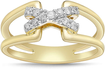 14K Yellow Gold Plated .925 Sterling Silver & 1/6 Cttw Diamond X Shaped Ribbon Split Shank Buckle Statement Ring (I-J Color, I2-I3 Clarity)