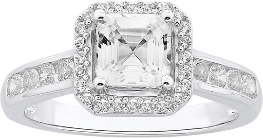 .925 Sterling Silver Lab Square Emerald Cut Created White Sapphire Halo Engagement Ring