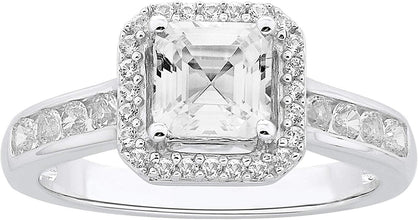 .925 Sterling Silver Lab Square Emerald Cut Created White Sapphire Halo Engagement Ring