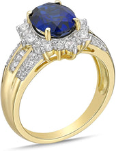 10K Yellow Gold, Lab Created Oval Gemstone & Lab Created White Sapphire Starburst Halo Fluted Cathedral Style Engagement Ring - Choice of Color