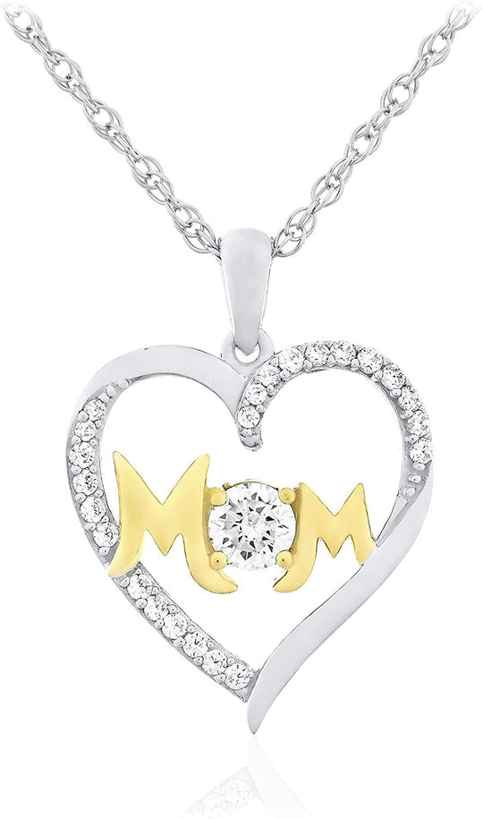 Two Tone 14K Yellow Gold Plated .925 Sterling Silver White Cubic Zirconia Mom Open Heart Pendant Necklace - 20”