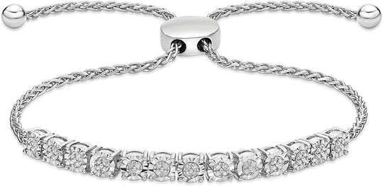 .925 Sterling Silver & 1/20 Cttw Diamond Accented Miracle Set Cluster Links Wheat Chain Adjustable Bolo Bracelet- 6”-9-1/5” (I-J Color, I2-I3 Clarity)