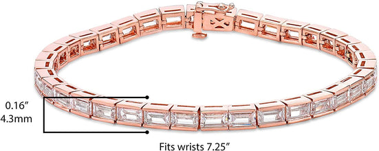14K Rose Gold Plated .925 Sterling Silver & Baguette Cut White Cubic Zirconia Channel Set Link Tennis Bracelet - 7-1/4