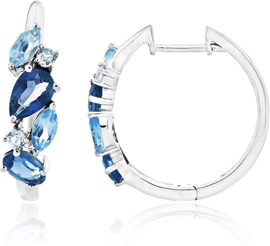 .925 Sterling Silver Natural Denim & Sky Blue Topaz Accented 18mm Huggie Hoop Earrings