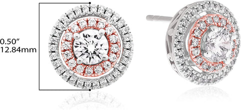 14K Rose Gold Plated .925 Sterling Silver Two Toned Cubic Zirconia Double Halo Round Pushback Stud Earrings