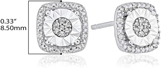 .925 Sterling Silver 1/10 Cttw Diamond Square Cushion Shaped Miracle Set Halo Pushback Stud Pierced Earrings (I-J Color, I2-I3 Clarity)