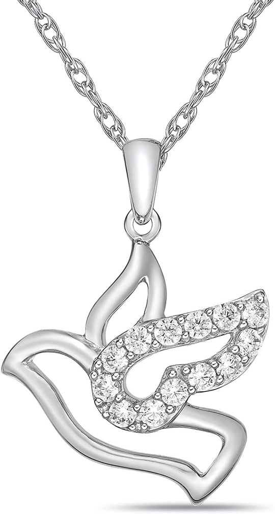 .925 Sterling Silver & Round White Cubic Zirconia Dangling Flying Mother Dove Pendant Necklace with 20" Rope Chain