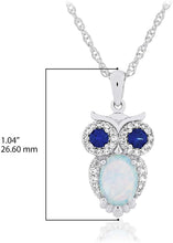 .925 Sterling Silver, Oval Lab-Created White Opal Cabochon & Lab-Grown Blue and White Sapphire Owl Pendant Necklace with 18