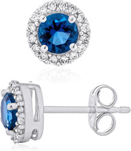 .925 Sterling Silver Birthstone and Lab Grown White Sapphire or CZ Halo Stud Earrings - Choice of Gem Color/Month