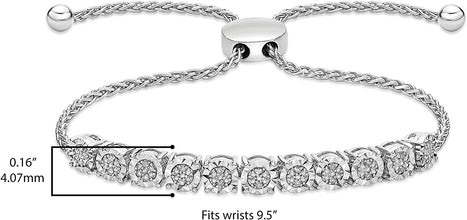 .925 Sterling Silver & 1/20 Cttw Diamond Accented Miracle Set Cluster Links Wheat Chain Adjustable Bolo Bracelet- 6”-9-1/5” (I-J Color, I2-I3 Clarity)