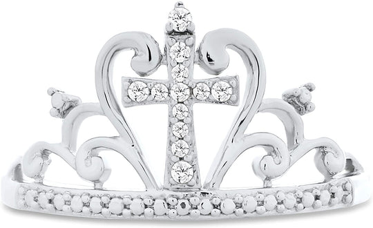.925 Sterling Silver Diamond Accented Crown with Cross Band Style Ring (I-J Color, I2-I3 Clarity)