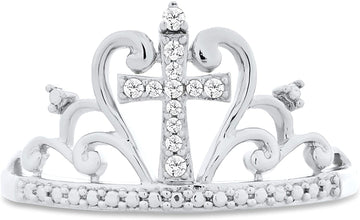 .925 Sterling Silver Diamond Accented Crown with Cross Band Style Ring (I-J Color, I2-I3 Clarity)