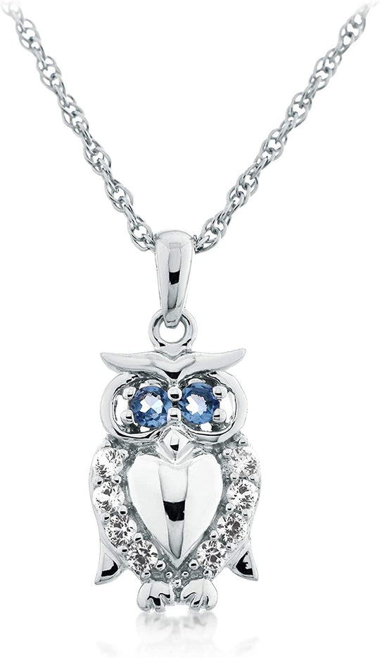 .925 Sterling Silver, Swiss Blue Topaz & Lab Created White Sapphire Owl Pendant Necklace on 18" Rope Chain