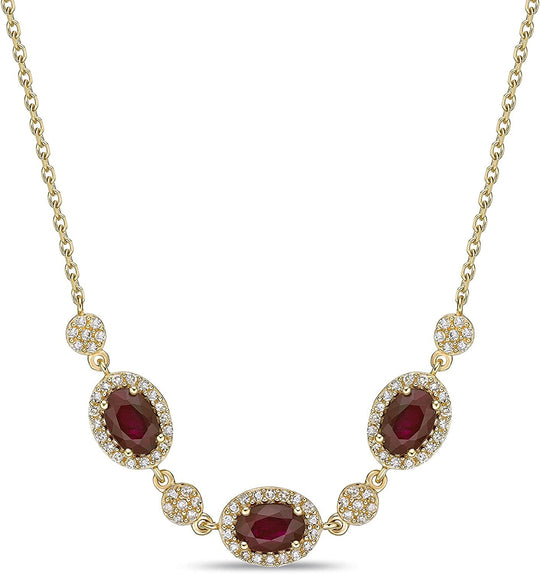 10K Yellow Gold, Oval Cut Ruby & 1/3 Cttw Diamond Halo Alternating Round & Oval Stations Pendant Necklace with Cable Chain (I Color, I2 Clarity) - 18”