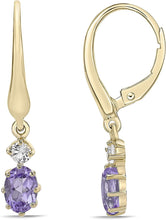 14K Yellow Gold Plated .925 Sterling Silver Oval Cut Birthstone & Created White Sapphire Leverback Dangle Earrings - Choice of Birthstone/Month