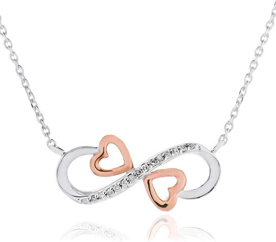 14K Rose Gold Plated .925 Sterling Silver 1/10 Cttw Round Diamond Infinity Double Heart Necklace on 18" Cable Chain (I-J Color, I2-I3 Clarity)