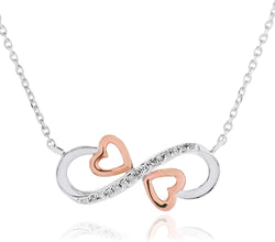 14K Rose Gold Plated .925 Sterling Silver 1/10 Cttw Round Diamond Infinity Double Heart Necklace on 18