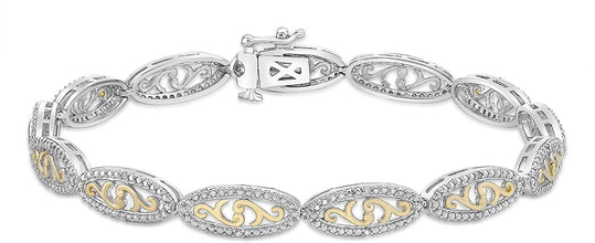 Two Tone 14K Yellow Gold Plated .925 Sterling Silver 1/10 Cttw Diamond Almond Shaped Link Filigree Tennis Bracelet (I-J Color, I2-I3 Clarity)- 7-1/4