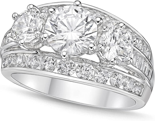 .925 Sterling Silver Round Brilliant Cubic Zirconia Three Stone Wide Three Channel Baguette Cathedral Engagement Ring