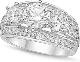 .925 Sterling Silver Round Brilliant Cubic Zirconia Three Stone Wide Three Channel Baguette Cathedral Engagement Ring