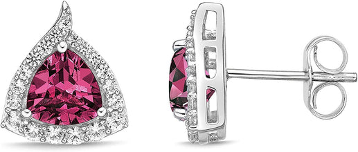 .925 Sterling Silver Trillion Cut Birthstone & Created White Sapphire Halo Stud Earrings - Choice of Birthstone/Month