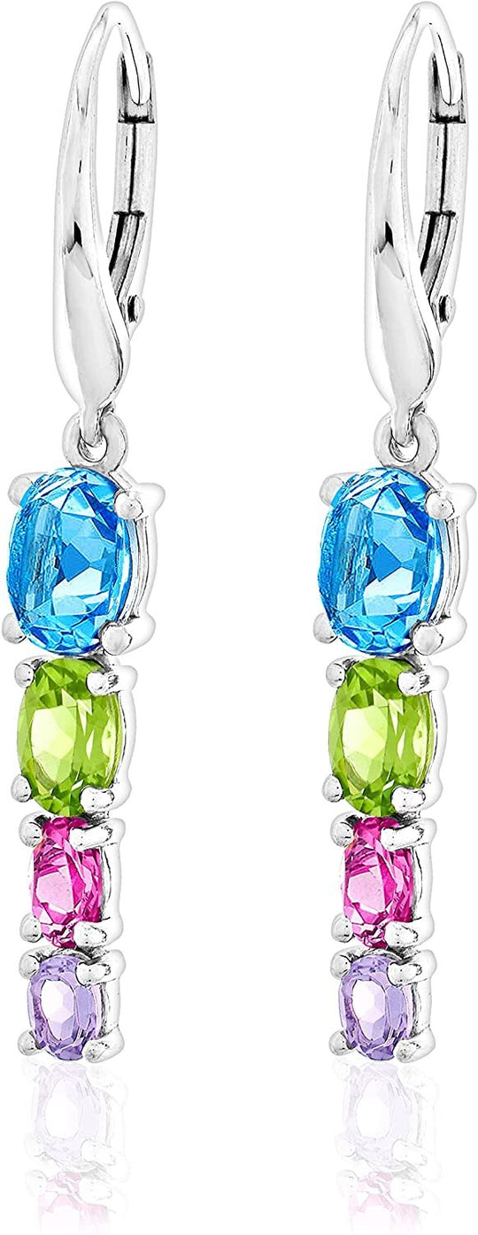 .925 Sterling Silver Oval Swiss Blue Topaz, Peridot, Pink Topaz & Rose De France Graduated Stone Rainbow Dangle Earrings