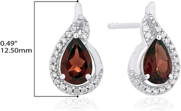 .925 Sterling Silver Pear-Shaped Birthstone & Lab Grown White Sapphire or CZ Teardrop Stud Earrings - Choice of Gem Color/Month