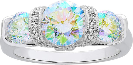 .925 Sterling Silver Round Brilliant Cut Aurora Borealis Cubic Zirconia Three Stone Engagment Ring
