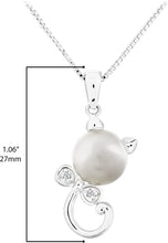.925 Sterling Silver, 8.0mm Round White Freshwater Cultured Pearl & Lab-Grown White Sapphire 1” Cat with Bowtie Dangling Pendant Necklace - 18”