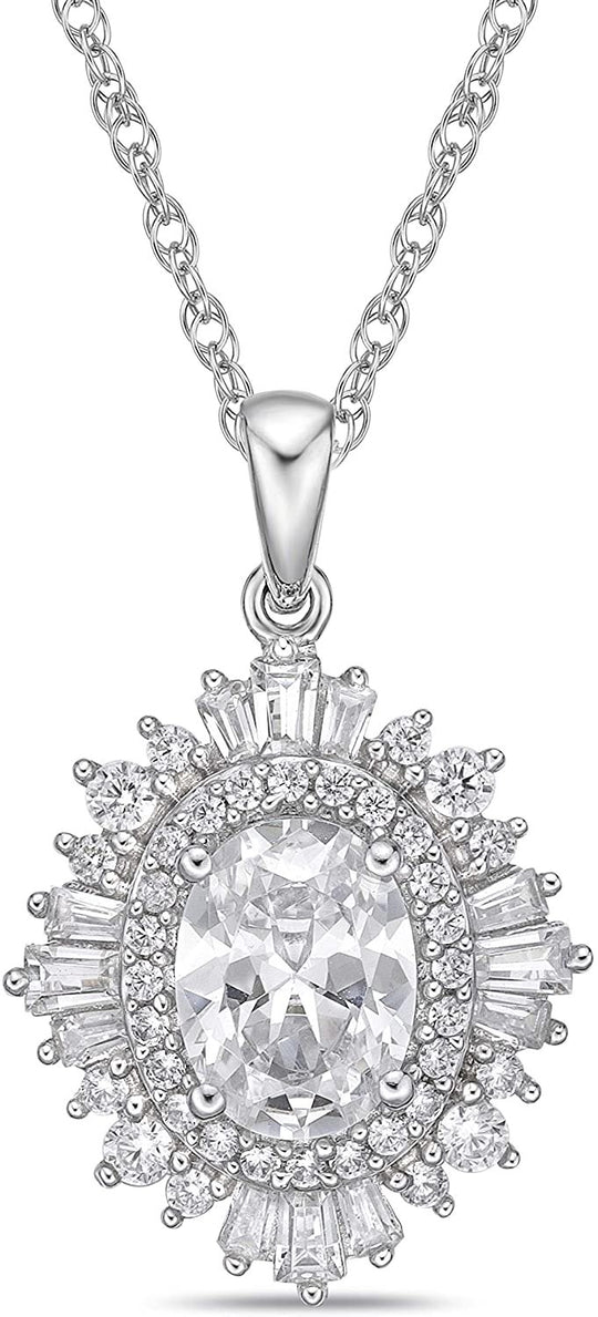 .925 Sterling Silver & Round, Oval, and Baguette Cut White Cubic Zirconia Halo Starburst Vintage Reproduction Oval Pendant Necklace - 20”