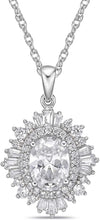 .925 Sterling Silver & Round, Oval, and Baguette Cut White Cubic Zirconia Halo Starburst Vintage Reproduction Oval Pendant Necklace - 20”