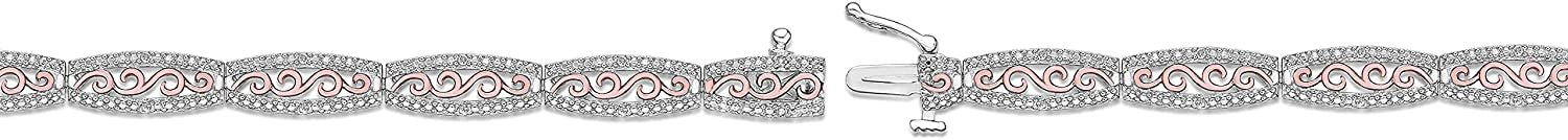 Two Tone 14K Rose Gold Plated .925 Sterling Silver 1/10 Cttw Diamond Flared Rectangle Link Filigree Tennis Bracelet (I-J Color, I2-I3 Clarity)- 7-1/4