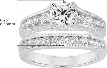 .925 Sterling Silver & Round Cubic Zirconia Graduated Cathedral Style Engagement Ring and Channel Set Wedding Band Milgrain Bridal Set