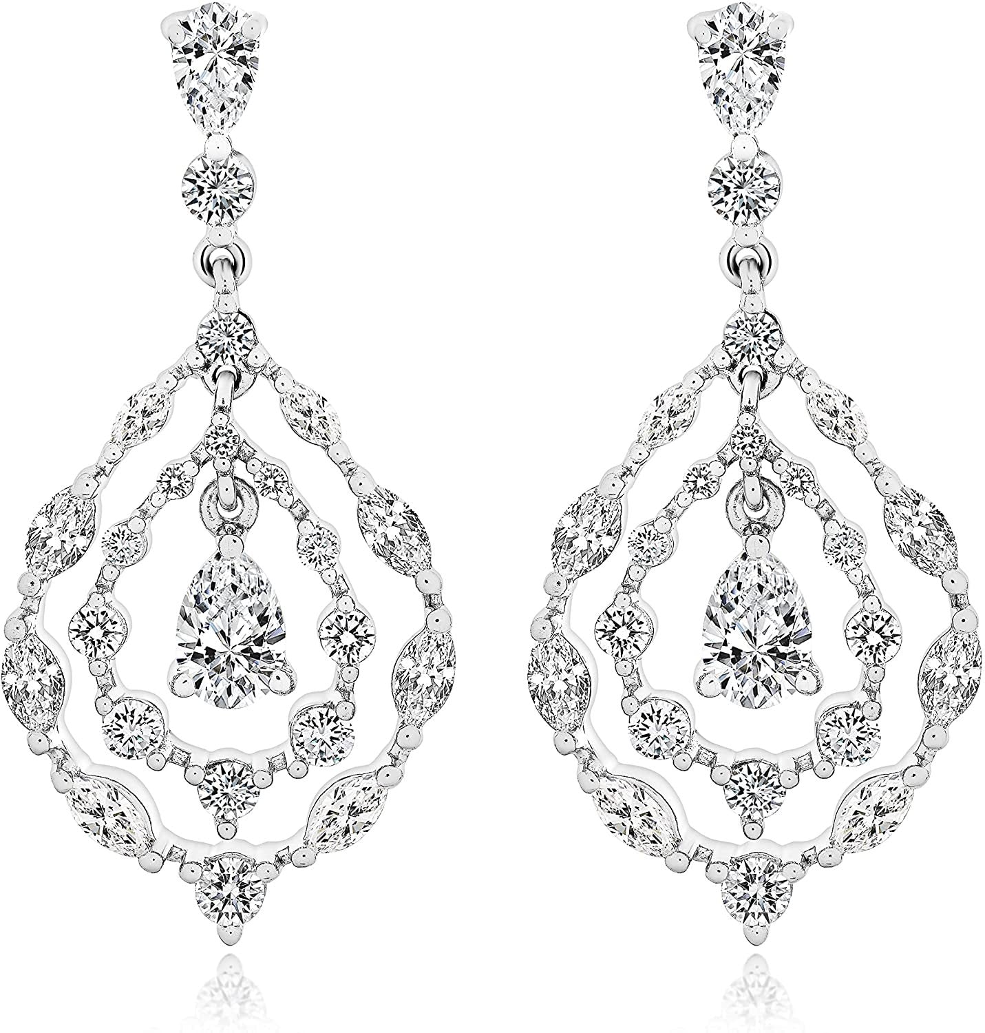 .925 Sterling Silver Pear, Marquise and Round Created White Sapphire Double Hoop Dangle Earrings