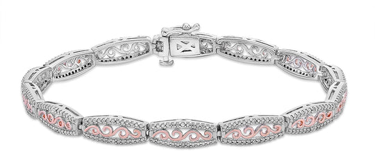 Two Tone 14K Rose Gold Plated .925 Sterling Silver 1/10 Cttw Diamond Flared Rectangle Link Filigree Tennis Bracelet (I-J Color, I2-I3 Clarity)- 7-1/4"