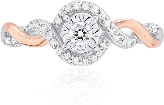 10K White & Rose Gold 1/5 Cttw Diamond Twisted Band Halo Miracle Plate Two-Tone Promise Ring (H-I Color, I1-I2 Clarity)