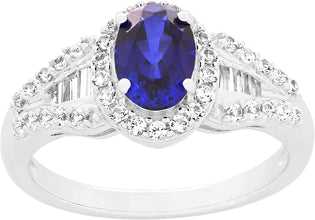 .925 Sterling Silver, Lab-Grown Oval Gemstone & Round + Baguette Cut Lab-Grown White Sapphire Halo Flared Band Engagement Ring - Choice of Gem Color