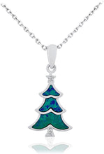 .925 Sterling Silver Lab Grown Blue Green Opal and Created White Sapphire Christmas Tree Pendant Necklace