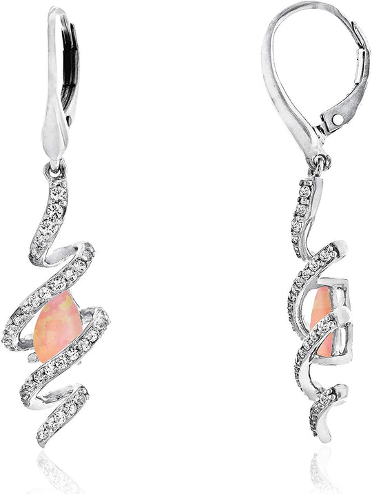 .925 Sterling Silver Pear Shape Lab Grown Pink Opal & Lab Grown White Sapphires in Helix Style Leverback Earrings