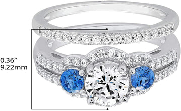 .925 Sterling Silver White Cubic Zirconia & Swarovski Fancy Blue Cubic Zirconia Bridal Rings Set