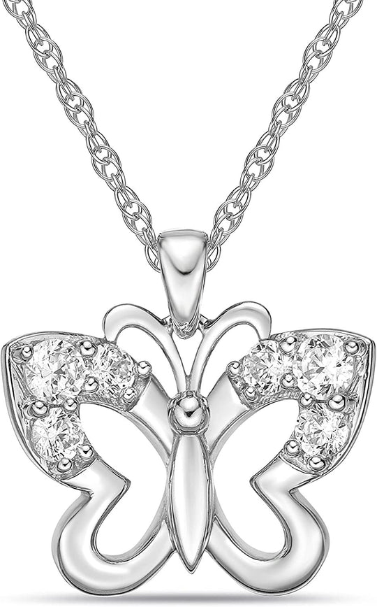.925 Sterling Silver & White Cubic Zirconia Butterfly Dangling Pendant Necklace with Rope Chain - 20”