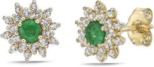 10K Yellow Gold Round Genuine Precious Gemstone & White Topaz Halo Stud Earrings