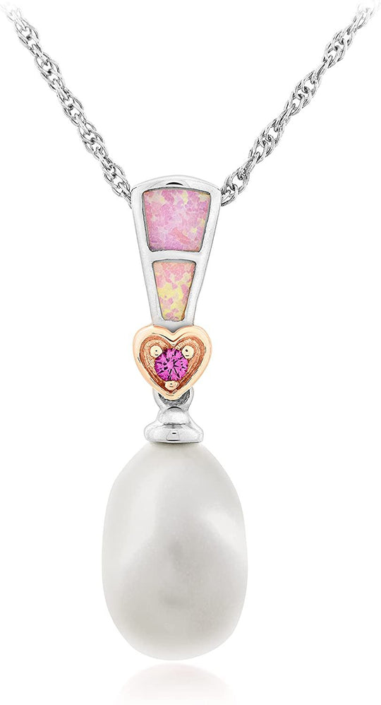 Rose Gold Plated .925 Sterling Silver, 12.0mm Oval Freshwater Cultured Pearl, Lab-Grown Pink Opal/Pink Sapphire 3/4” Heart Pendant Necklace - 18”