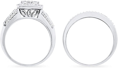 10K White Gold 3/4 Cttw Diamond Cluster Square Halo 3 Row Shank Engagement Ring & Wedding Band Bridal Set (H-I Color, I1-I2 Clarity)