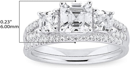 .925 Sterling Silver & Asscher Cut Cubic Zirconia 3 Stone Cathedral Style Engagement Ring and Half Eternity Style Wedding Band Bridal Set