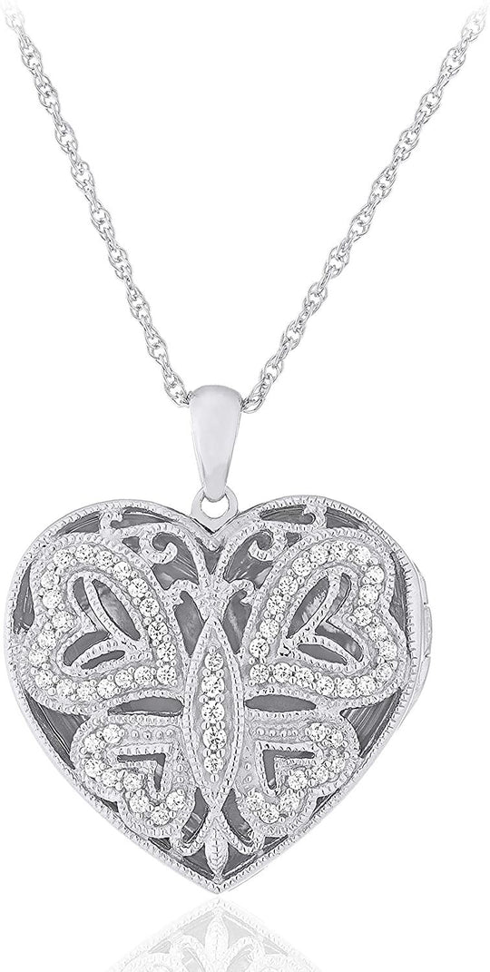 .925 Sterling Silver Cubic Zirconia Heart Shaped Open Filigree Butterfly Locket Pendant Necklace with 18" Rope Chain