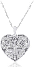 .925 Sterling Silver Cubic Zirconia Heart Shaped Open Filigree Butterfly Locket Pendant Necklace with 18