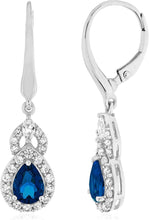 Sterling Silver Teardrop Birthstone & Lab Grown White Sapphire or CZ Art Deco Drop Hinged Latch Back Dangle Earrings - Choice of Gem Color/Month