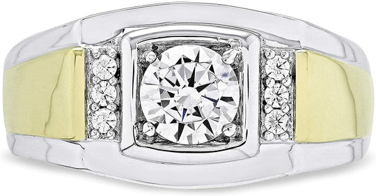 14K Yellow Gold Plated .925 Sterling Silver Cubic Zirconia Men's Stepped Edge Ring